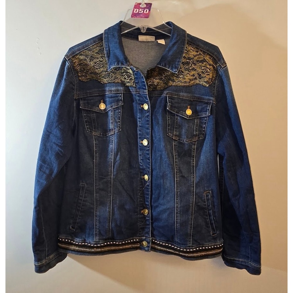 Chico's Womens Jean Jacket Blue Gold Lace Embellished Studded Sequin Size (3) XL